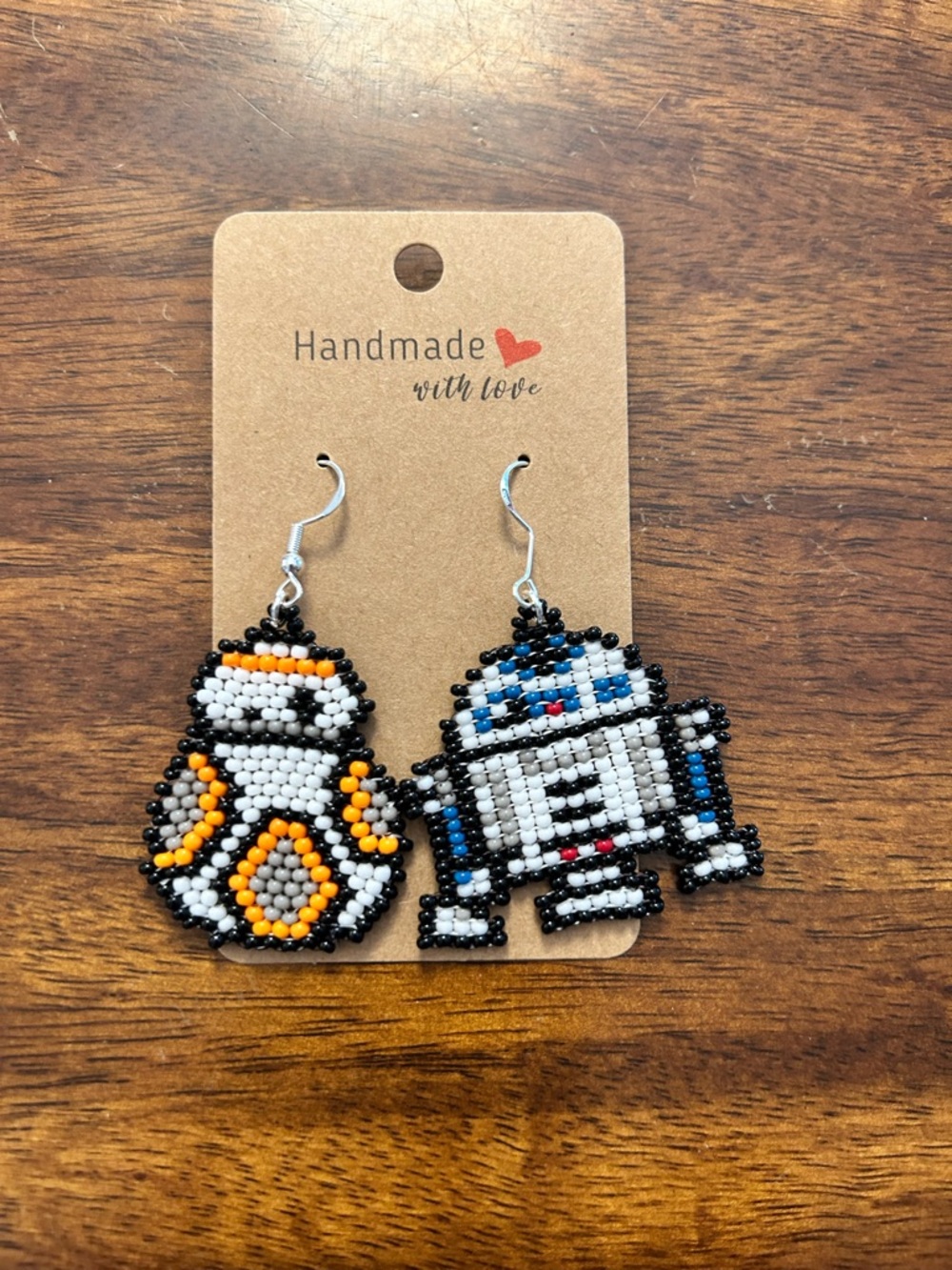 Handmade Star Wars Droid Beaded Earrings - White, Black, Orange, Blue